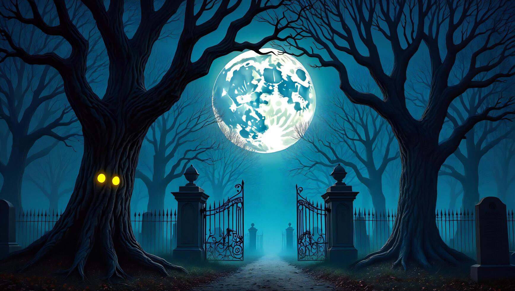 Halloween Background Eerie Night Cemetery Scene Spooky Full Moon Gates and Ancient Trees photo