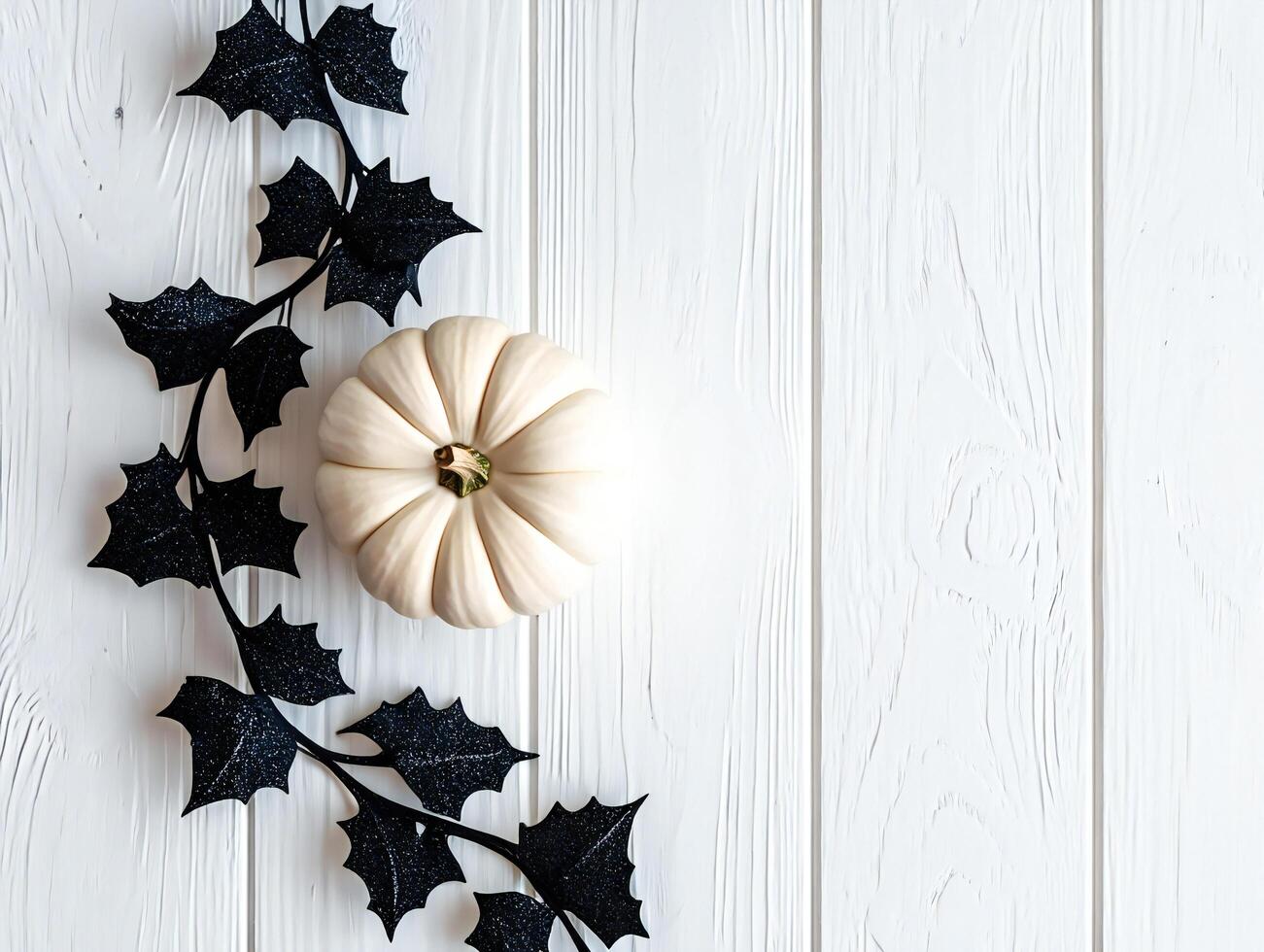 Halloween Background Elegant White Pumpkin Black Glitter Leaves on Whitewashed Wood Background Halloween or Fall Decor photo