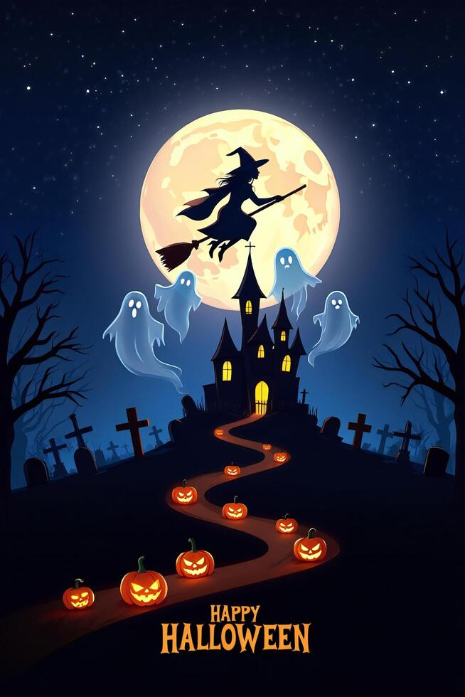 Halloween Background Spooky Halloween Night Witch Flying on Broomstick over Graveyard with Ghosts and Jack o lanterns photo