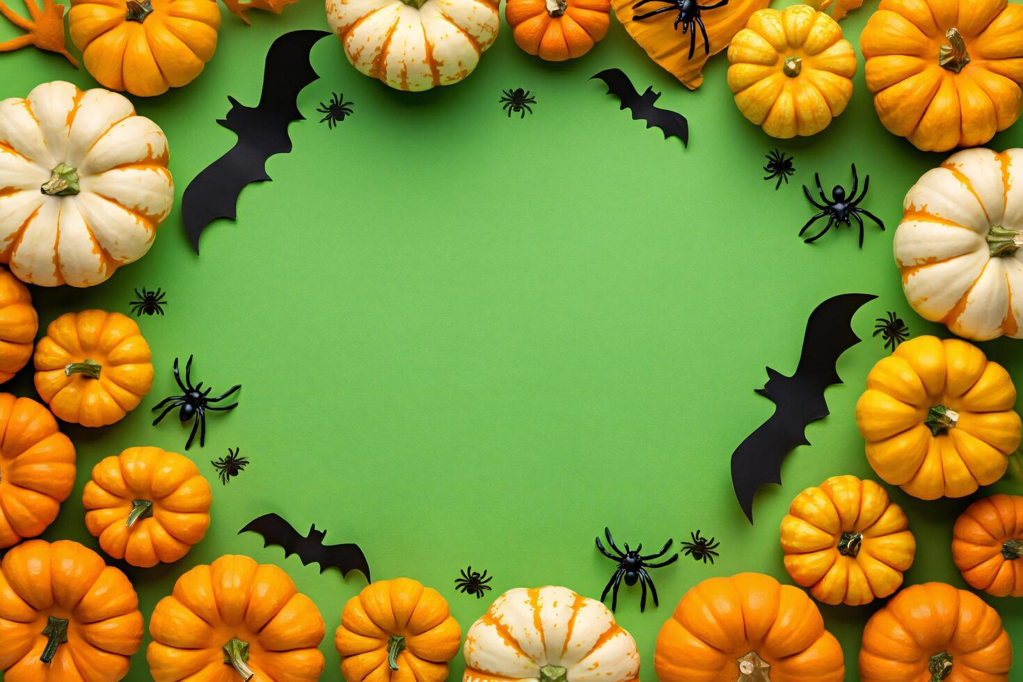 Halloween Background Festive Halloween Background Pumpkins Bats Spiders on Green photo