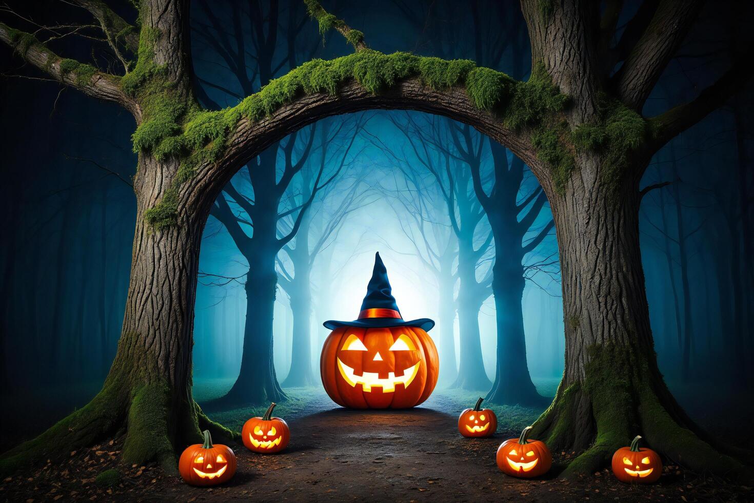 Halloween Background Enchanting Halloween Jack o lanterns in a Mystical Foggy Forest Path photo