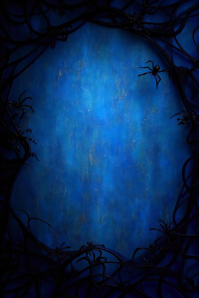 Halloween Background Spooky Halloween Background Dark Blue Texture with Black Spiders and Webs photo