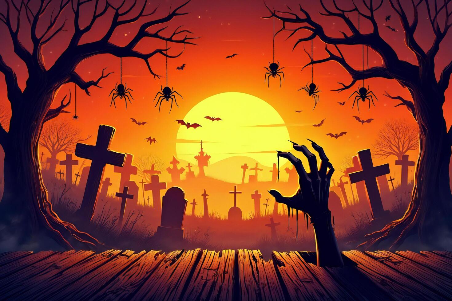 Halloween Background Spooky Halloween Graveyard Scene Zombie Hand Emerging from Wooden Tombstone at Sunset photo