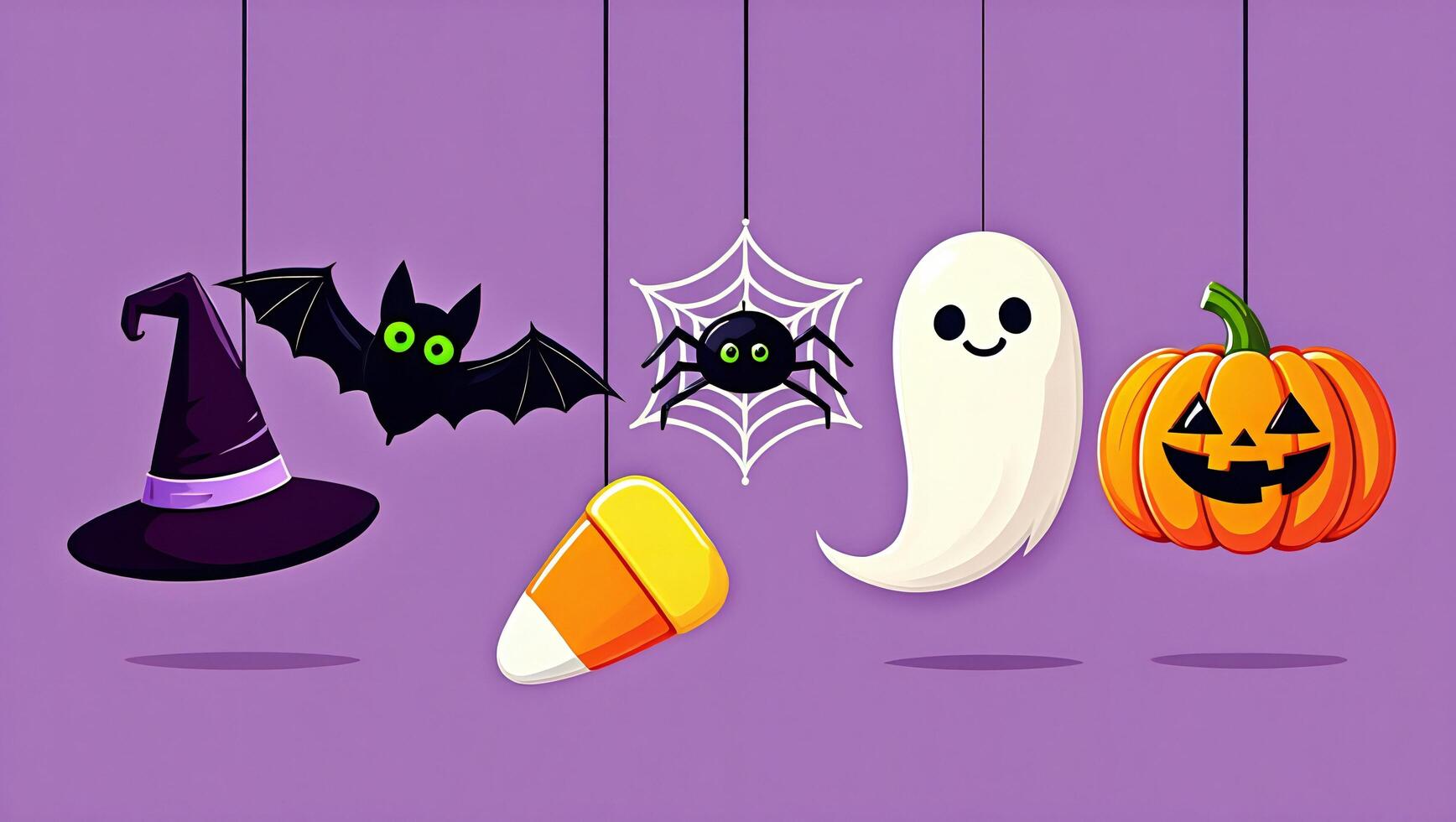 Halloween Background Spooky Halloween Hanging Decorations Bat Witch Hat Ghost Spiderweb Pumpkin Candy Corn photo