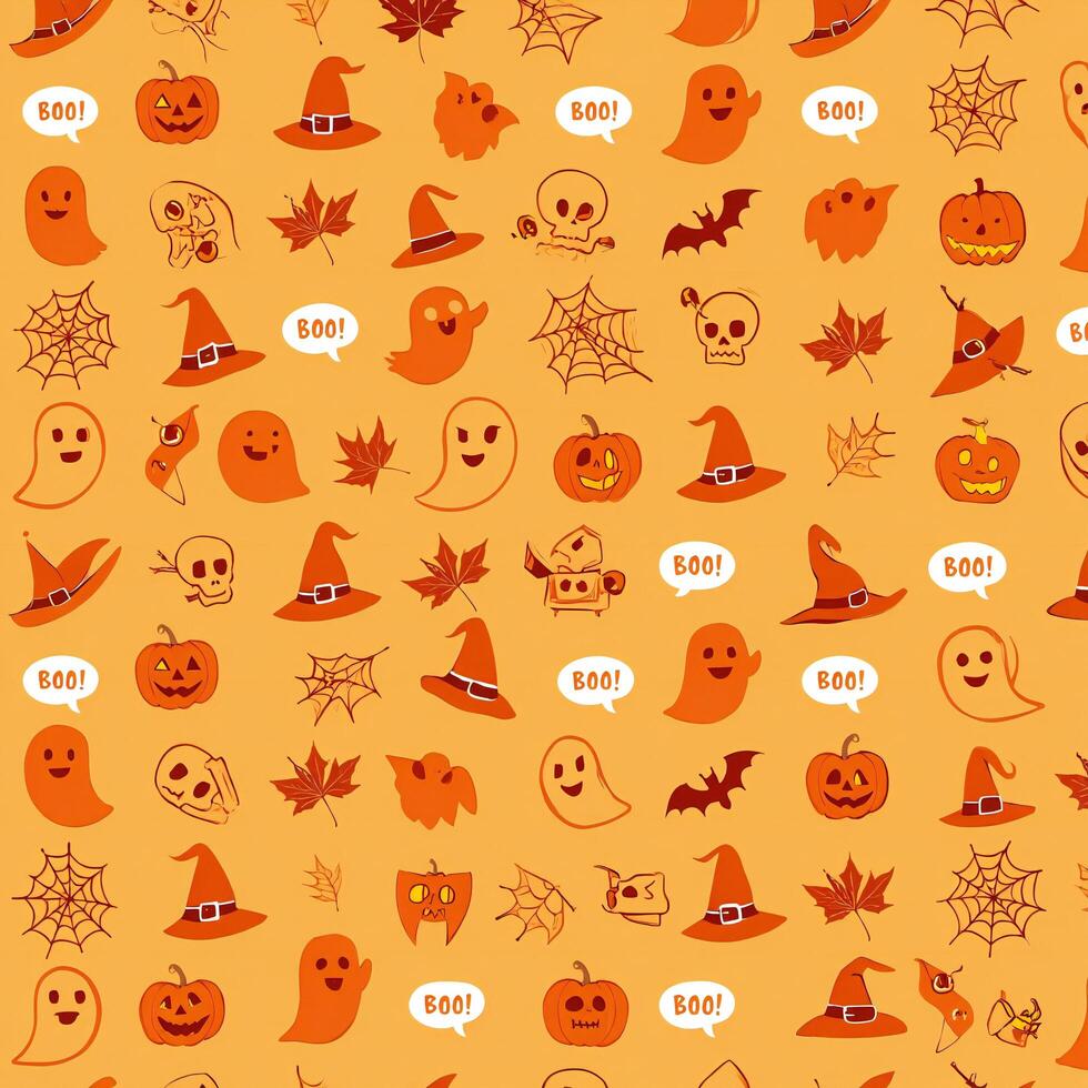 Halloween Background Halloween Seamless Pattern Spooky Pumpkins Ghosts Witches Hats and Autumn Leaves Design photo