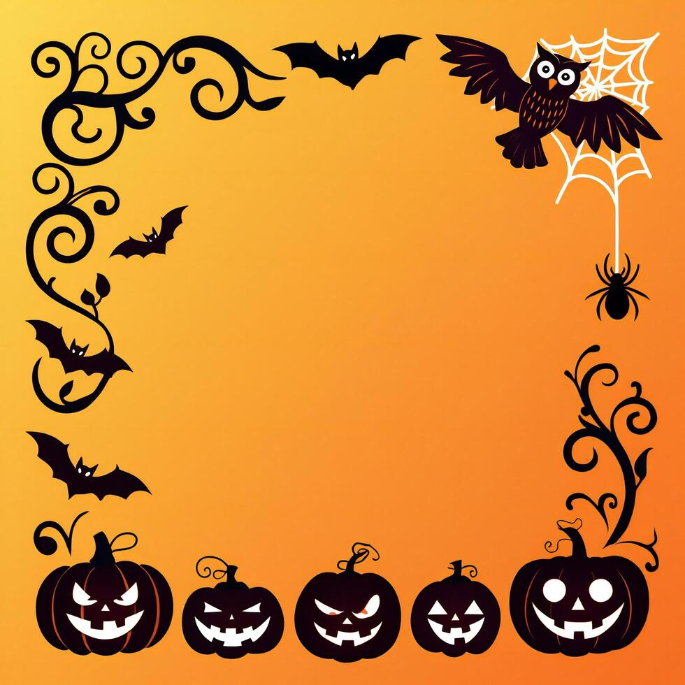 Halloween Background Halloween Spooky Design Pumpkins Bats Owl Spider and Vines on Orange Background photo