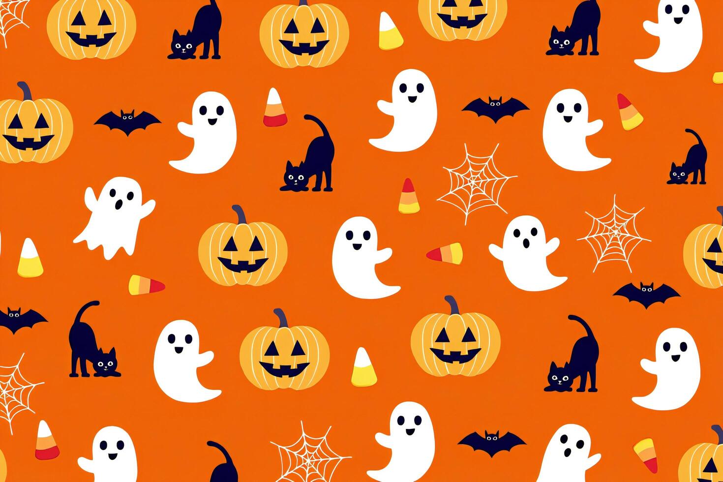Halloween Background Spooky Halloween Pattern Jack o lanterns Ghosts Bats Cats and Candy Corn on Orange Background photo