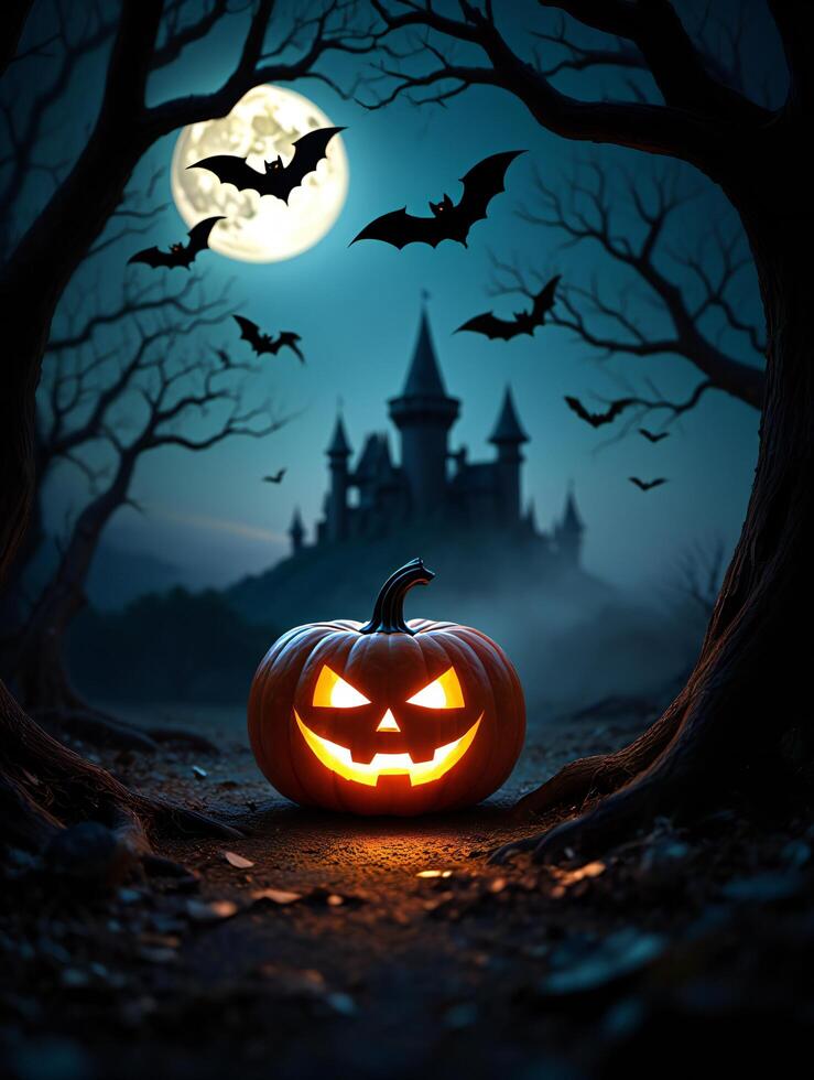 Halloween Background Spooky Halloween Jack o lantern Lit by Moonlight Near Haunted Castle photo