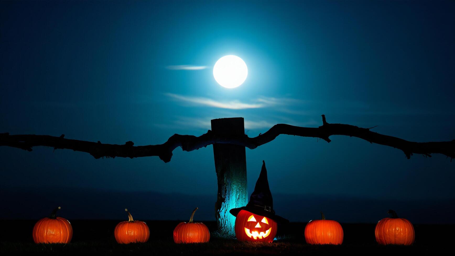 Halloween Background Spooky Halloween Night Scene Jack o lanterns Full Moon and Silhouetted Fence photo