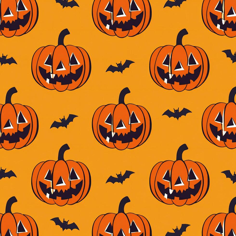Halloween Background Spooky Halloween Seamless Pattern Jack o lanterns and Bats on Orange Background photo