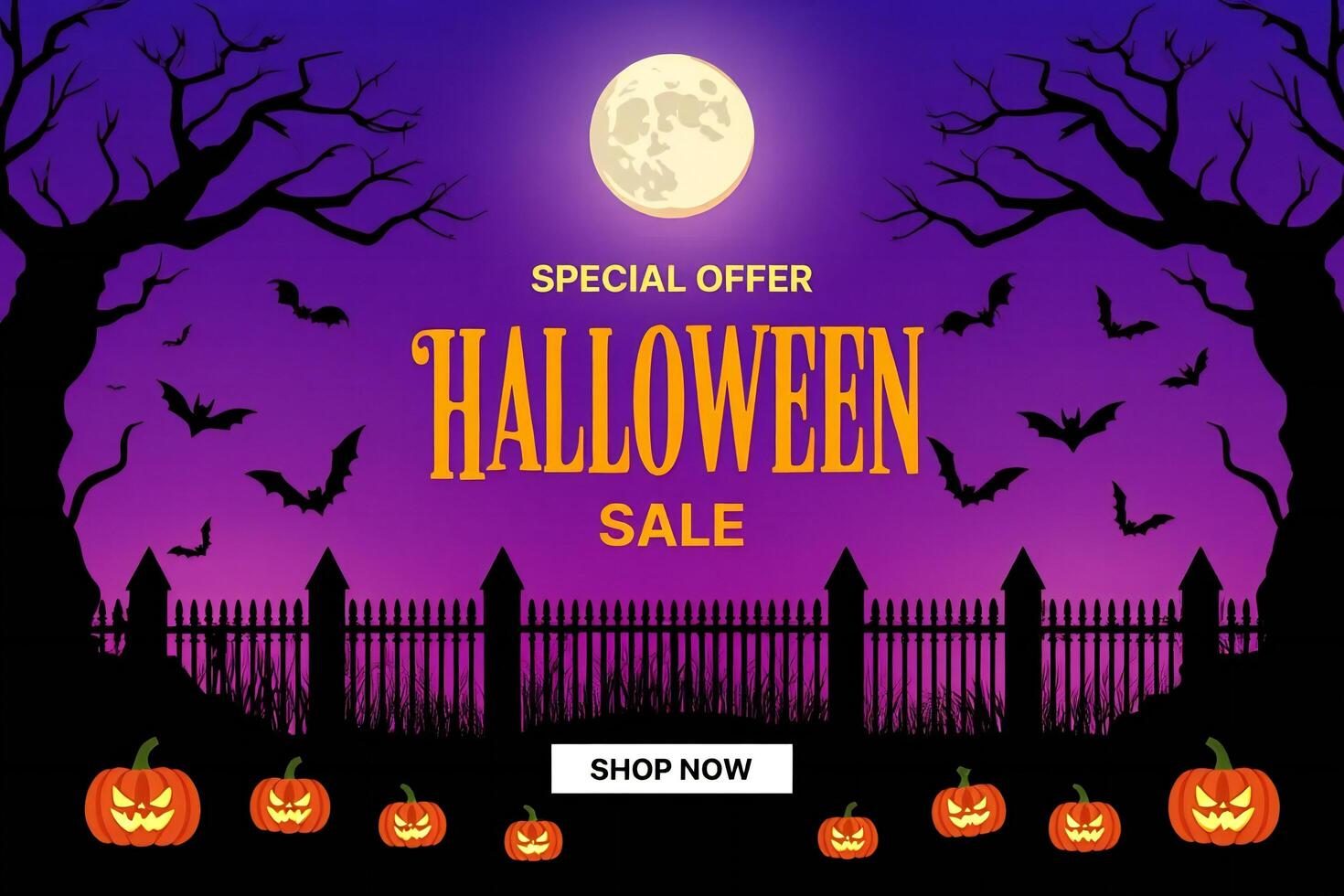 Halloween Background Spooky Halloween Sale Banner Bats Pumpkins Moonlit Night Graveyard Fence photo