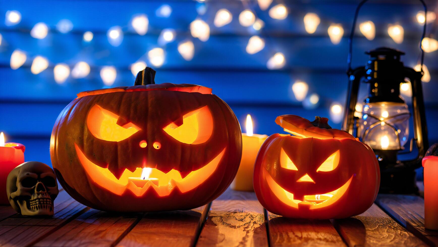 Halloween Background Spooky Halloween Jack o lanterns with Candles and Lantern on Wooden Table at Night photo
