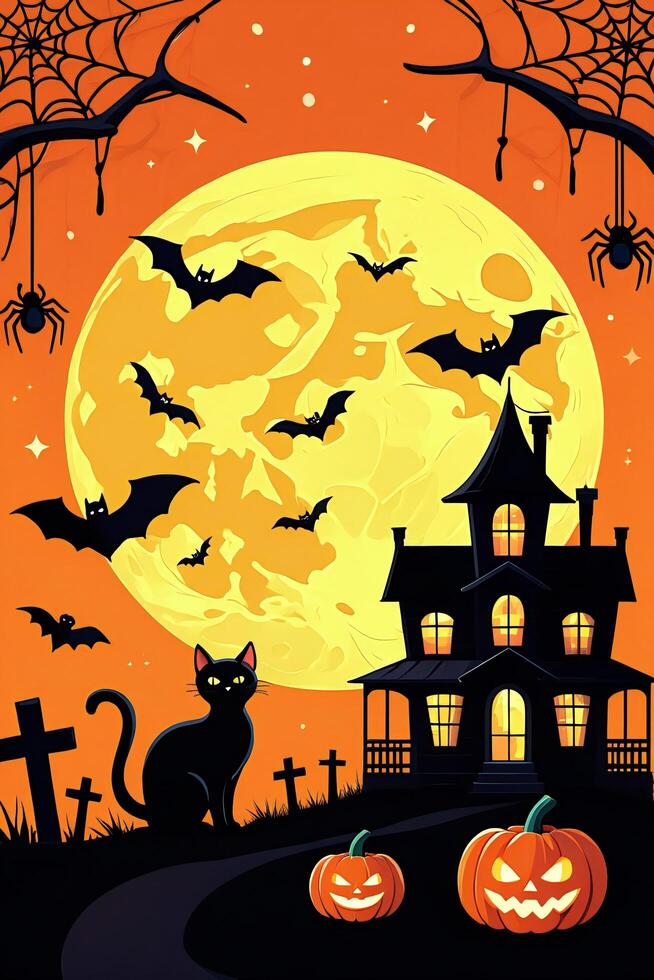 Halloween Background Spooky Halloween Night Scene Haunted House Bats Cat Pumpkins Full Moon photo