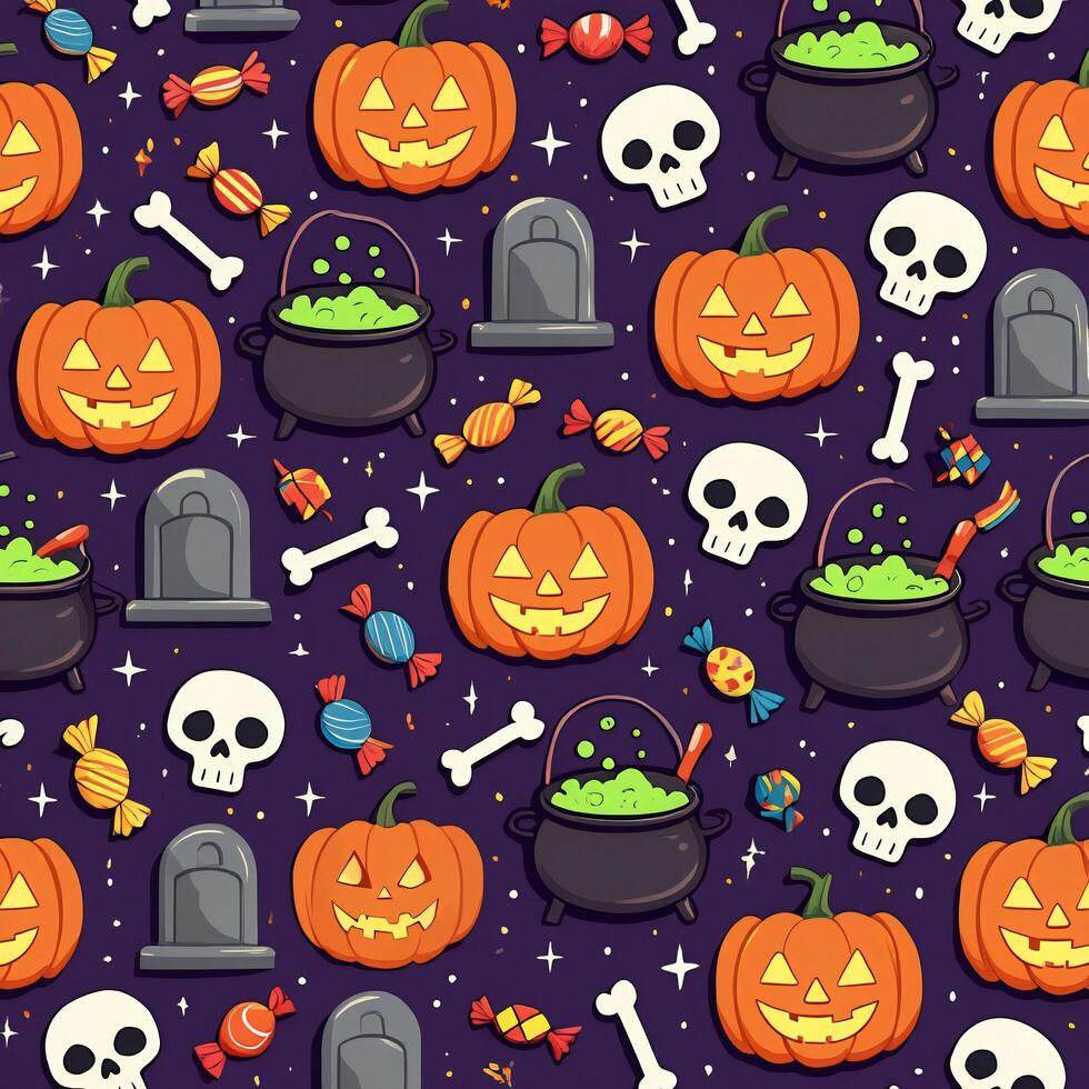 Halloween Background Spooky Halloween Seamless Pattern Jack o lanterns Candy Skulls and Cauldron photo