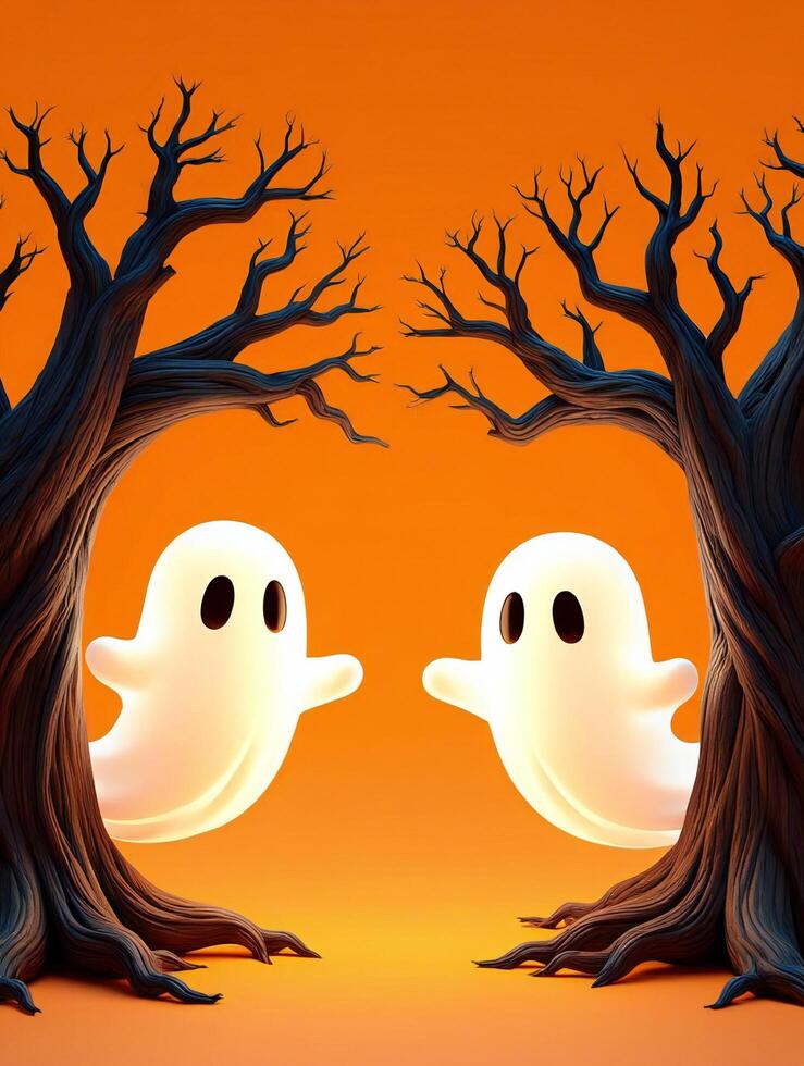 Halloween Background Cute Halloween Ghosts Floating Between Spooky Bare Trees at Dusk photo