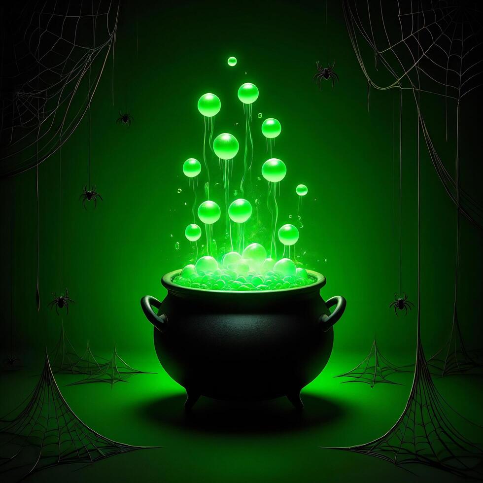 Halloween Background Halloween Witch s Cauldron with Glowing Green Potion and Spiderwebs photo