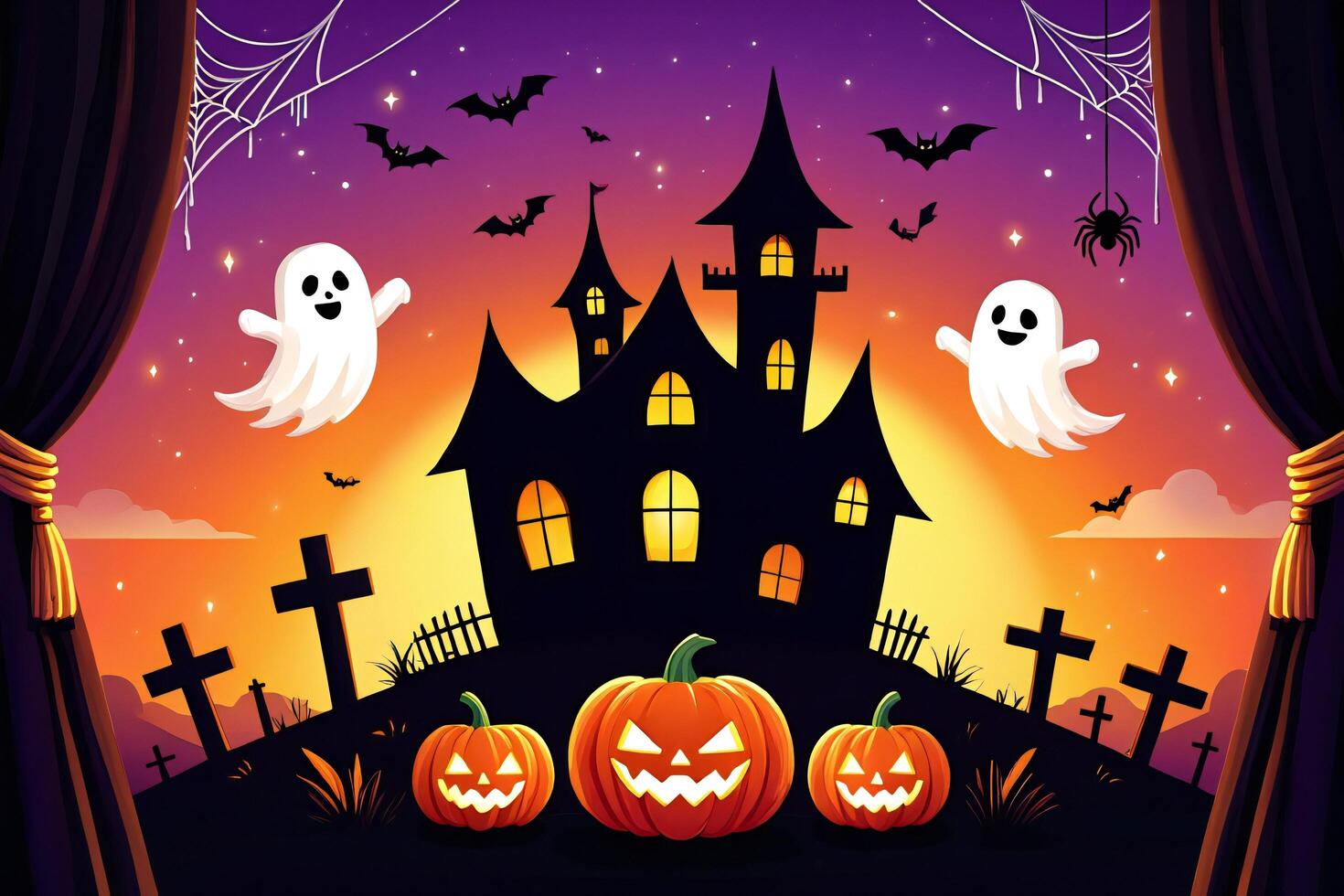 Halloween Background Spooky Halloween Night Scene Haunted House Ghosts Pumpkins Bats and Graveyard photo