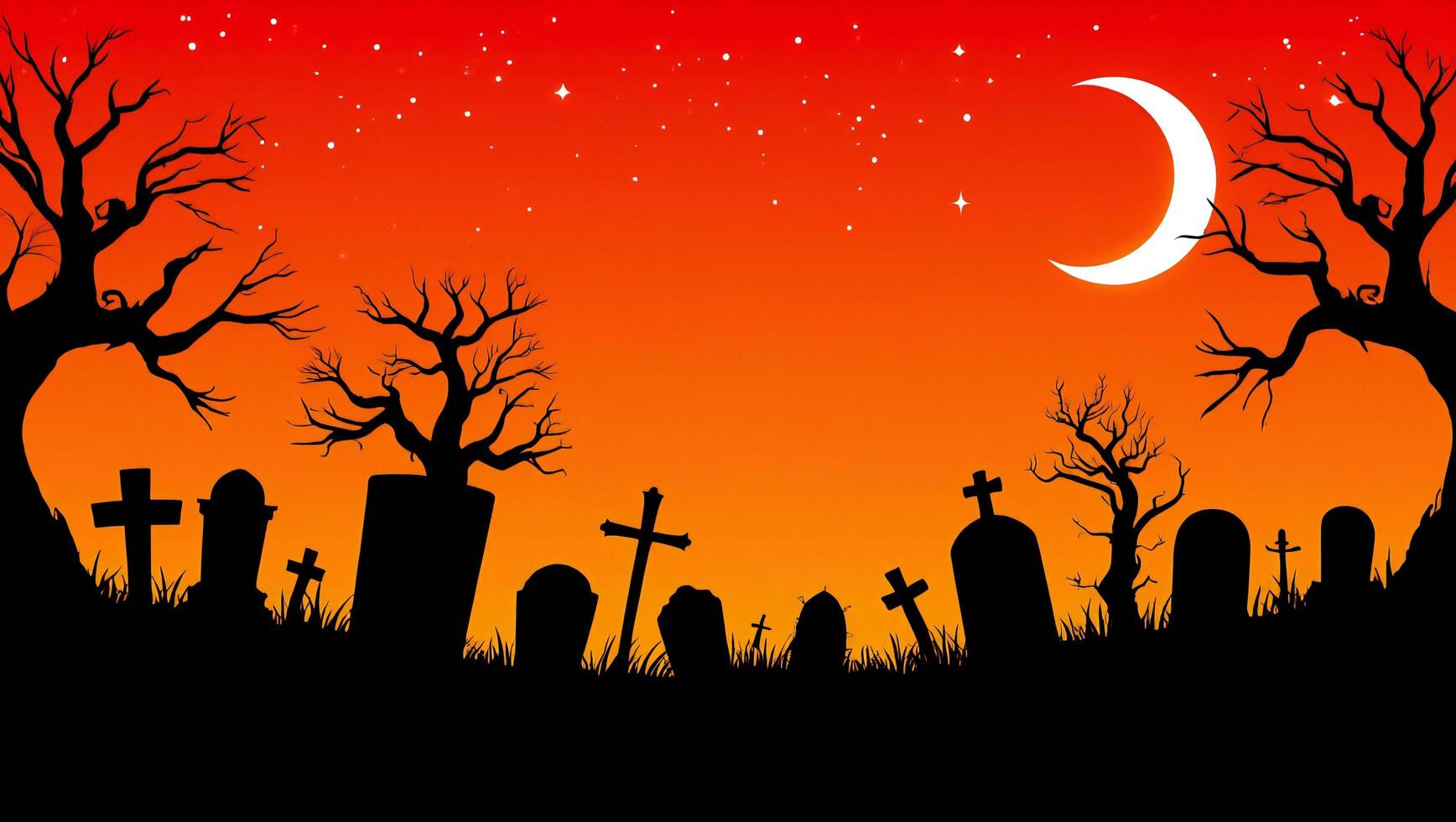 Halloween Background Spooky Halloween Cemetery Silhouettes Graveyard Scene with Crescent Moon and Bare Trees at Sunset photo