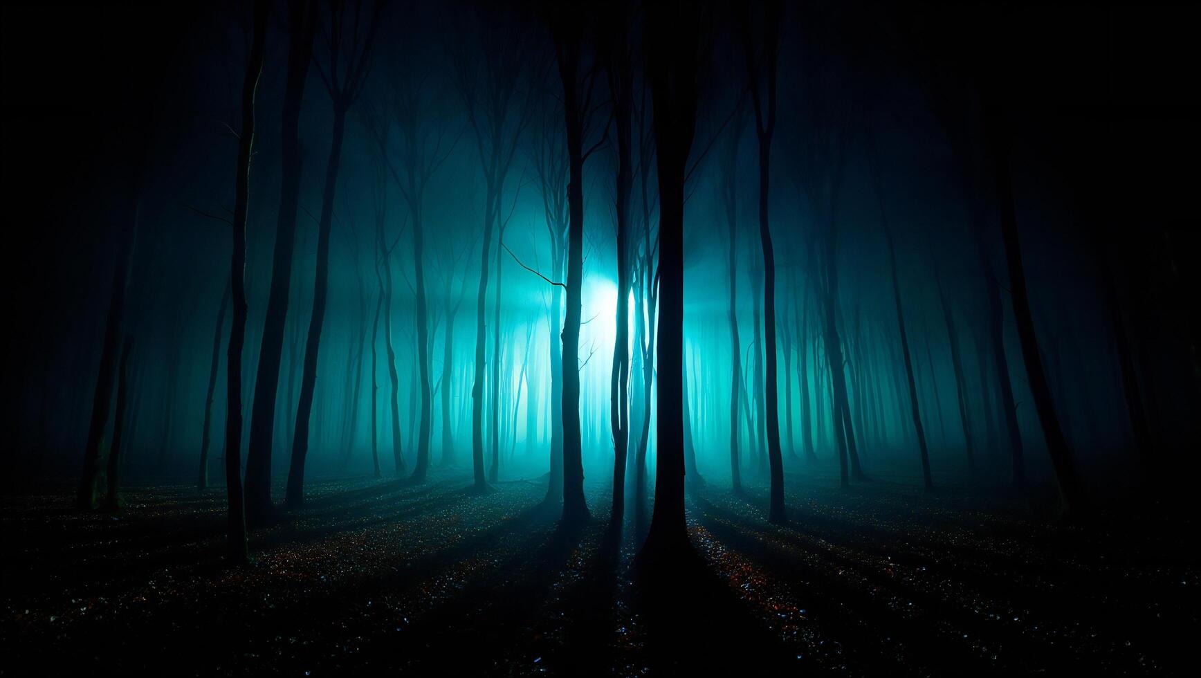 Halloween Background Enigmatic Dark Forest at Night Mysterious Fog Silhouetted Trees Eerie Atmosphere photo