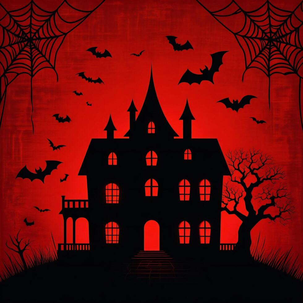 Halloween Background Spooky Halloween Haunted House Silhouette with Bats and Spiderwebs Red Background photo