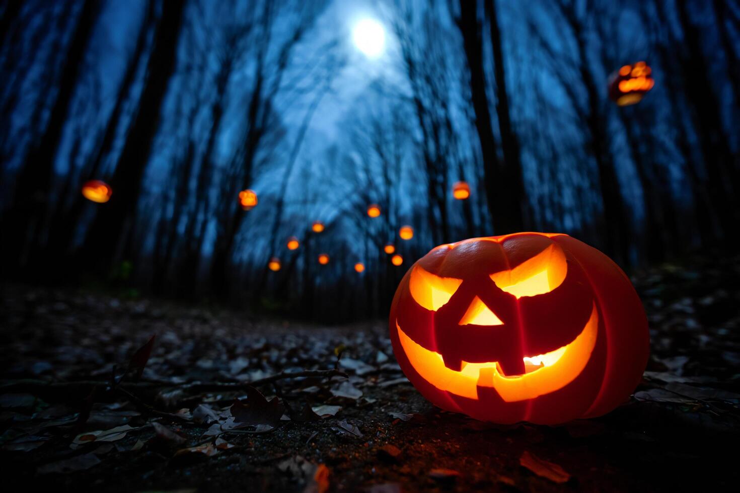 Halloween Background Spooky Halloween Jack o lanterns Lit Path in Dark Forest at Night photo