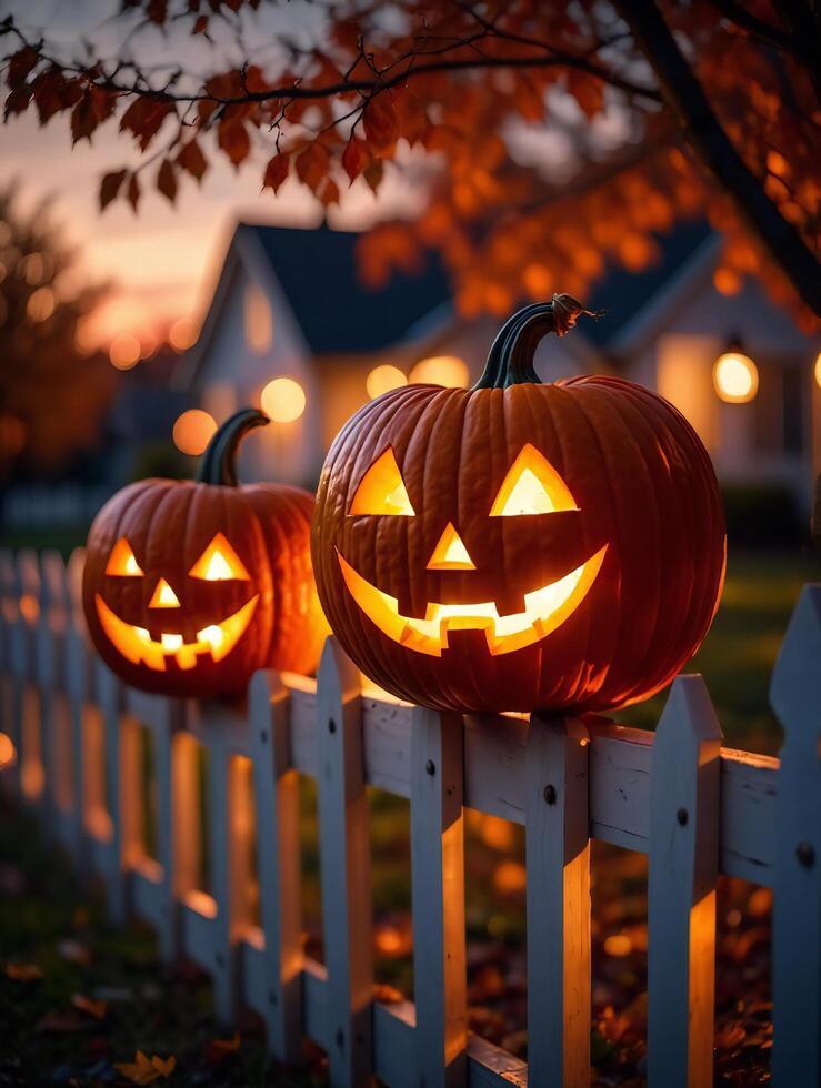 Halloween Background Illuminated Halloween Jack o lanterns on White Picket Fence at Dusk photo
