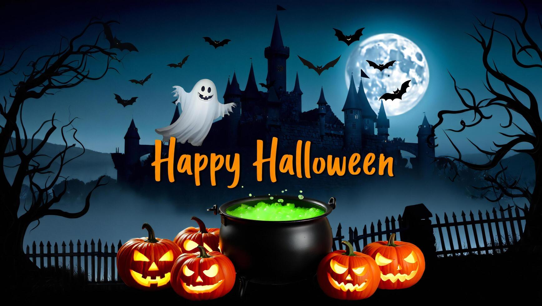 Halloween Background Spooky Halloween Night Scene Ghost Castle Pumpkins Cauldron Bats photo