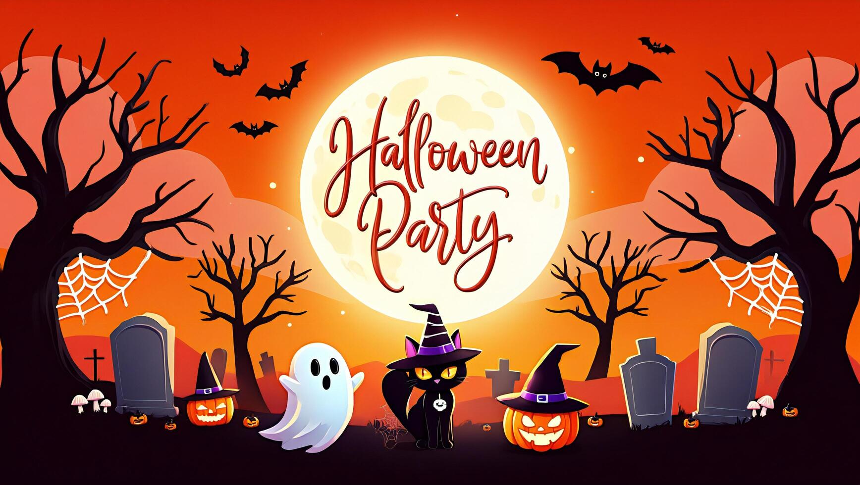 Halloween Background Spooky Halloween Party Invitation Ghost Cat Pumpkins Graveyard Full Moon photo