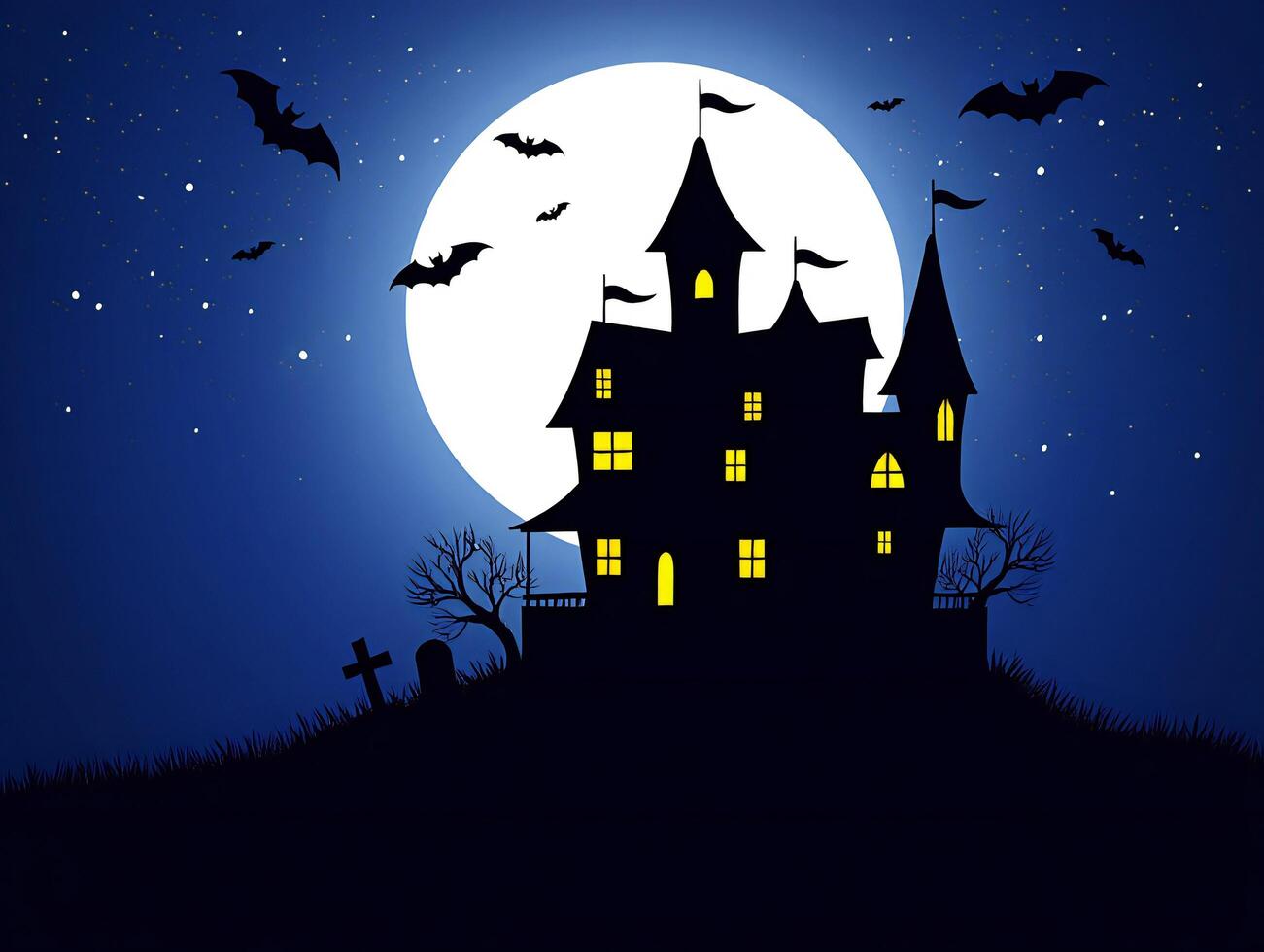 Halloween Background Spooky Halloween Castle Silhouette under Full Moon with Bats and Graveyard photo