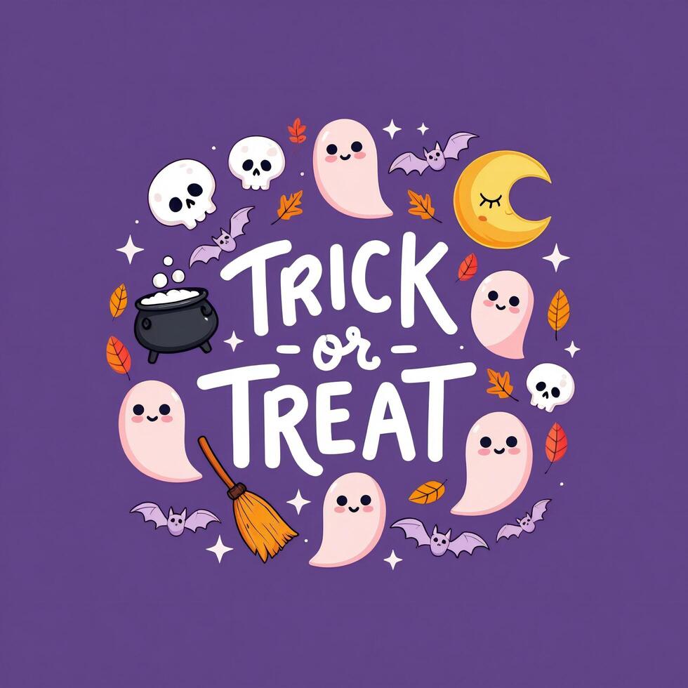 Halloween Background Cute Halloween Trick or Treat Illustration with Ghosts Bats and Skulls photo