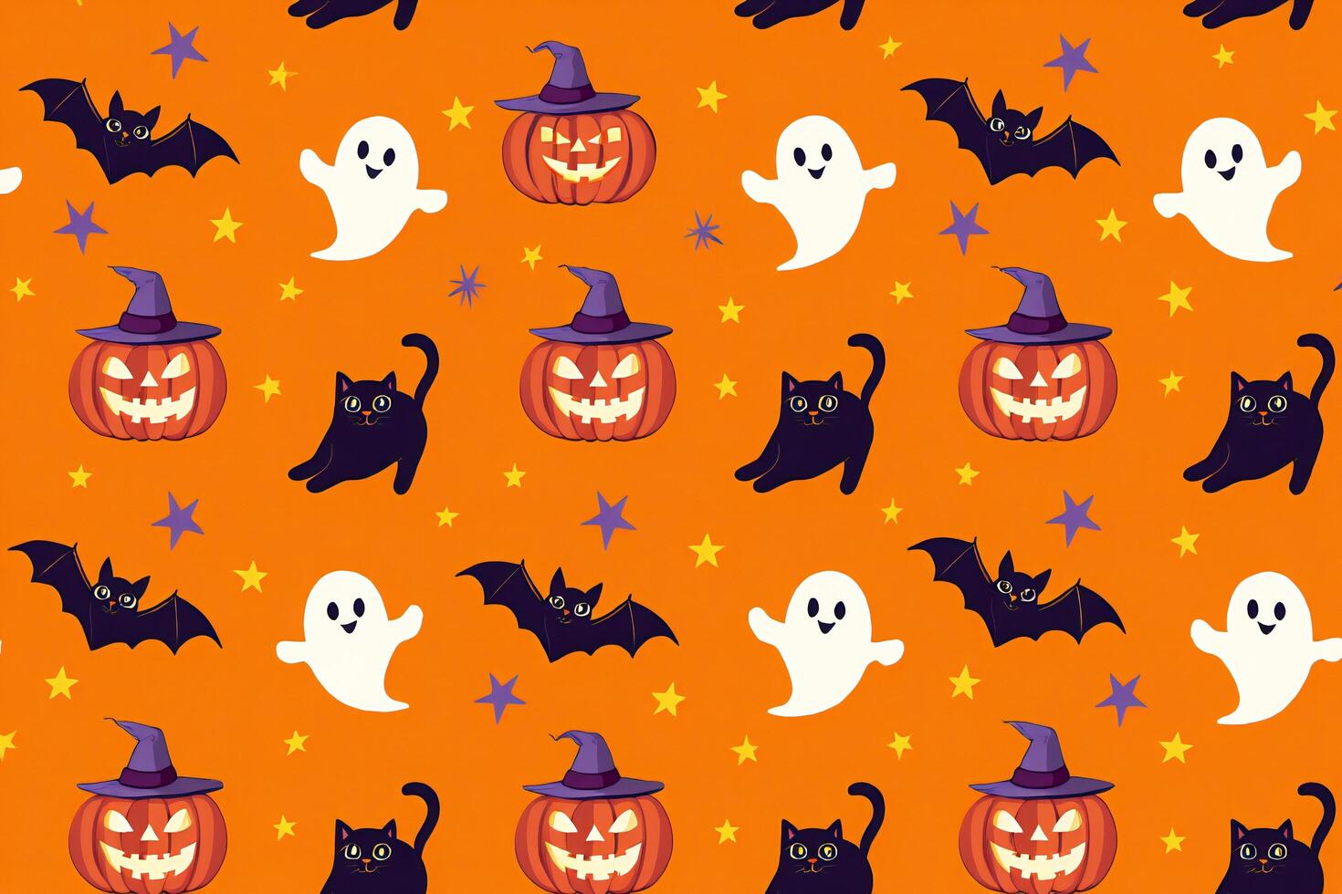 Halloween Background Spooky Halloween Seamless Pattern Jack o lanterns Ghosts Bats and Black Cats on Orange photo