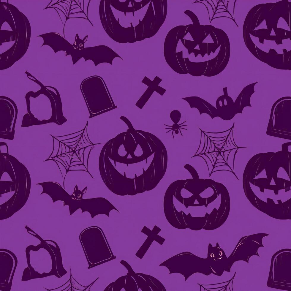 Halloween Background Spooky Halloween Purple Seamless Pattern Jack o lanterns Bats Spiders and Graves photo