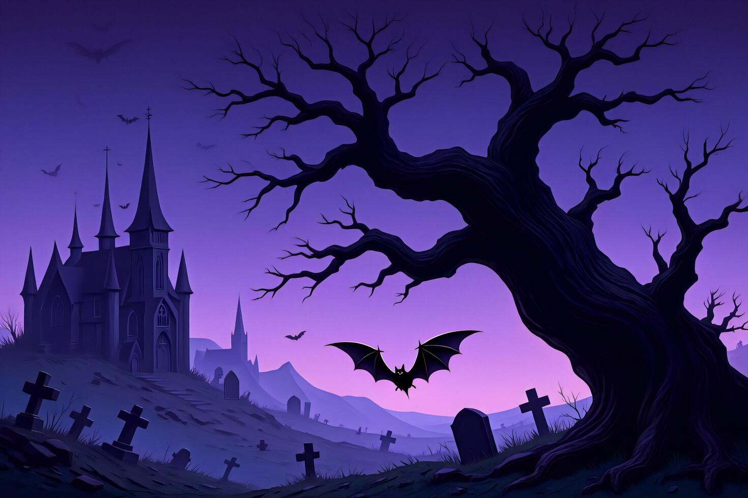 Halloween Background Spooky Halloween Night Scene Gothic Church Graveyard Bat and Ancient Tree Silhouette photo