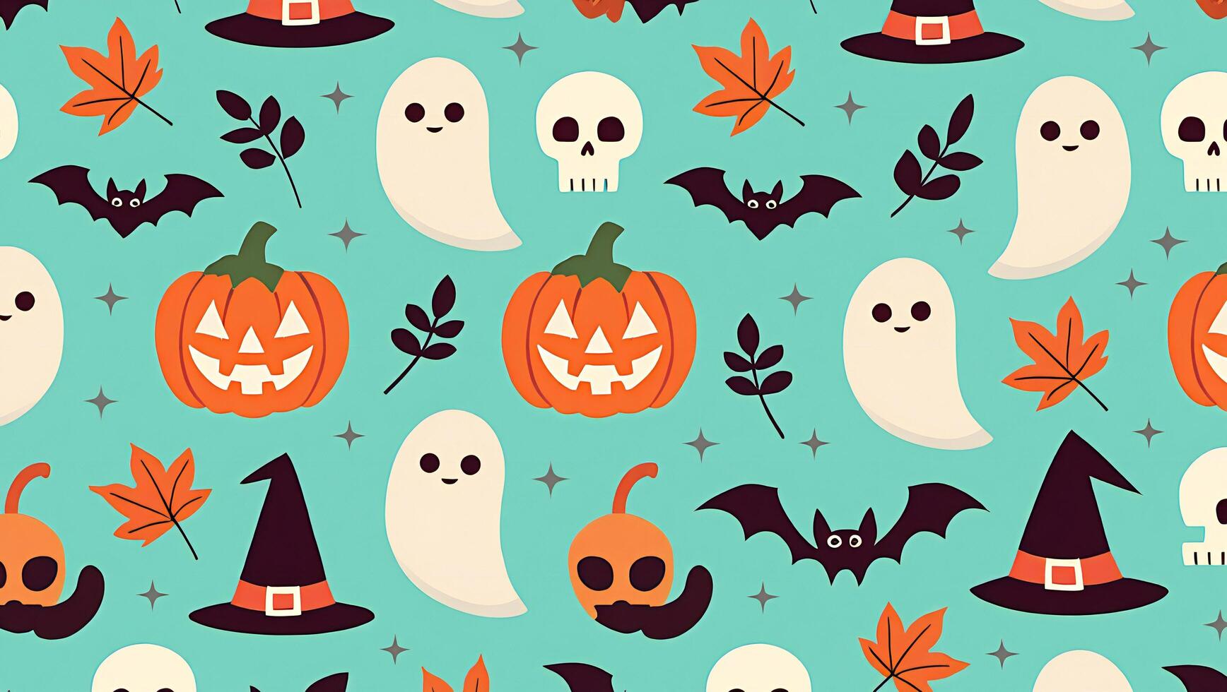 Halloween Background Cute Halloween Seamless Pattern Ghosts Pumpkins Bats Witch Hats Skulls Autumn Leaves photo