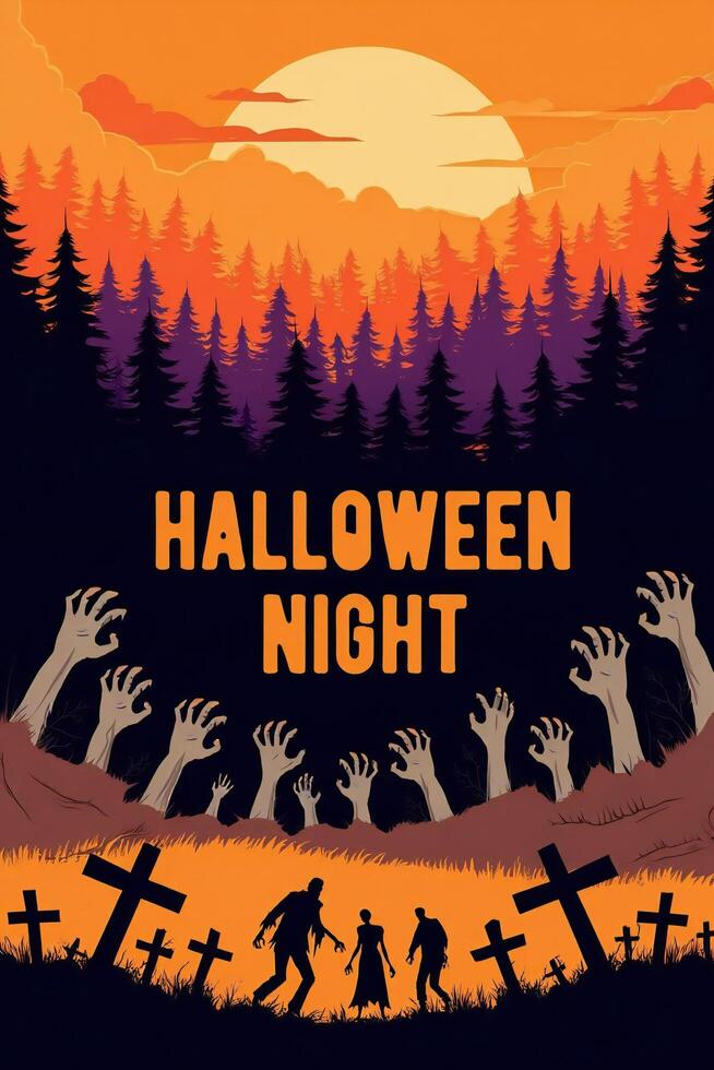Halloween Background Spooky Halloween Night Zombie Graveyard Scene with Rising Undead Hands and Forest Silhouette photo