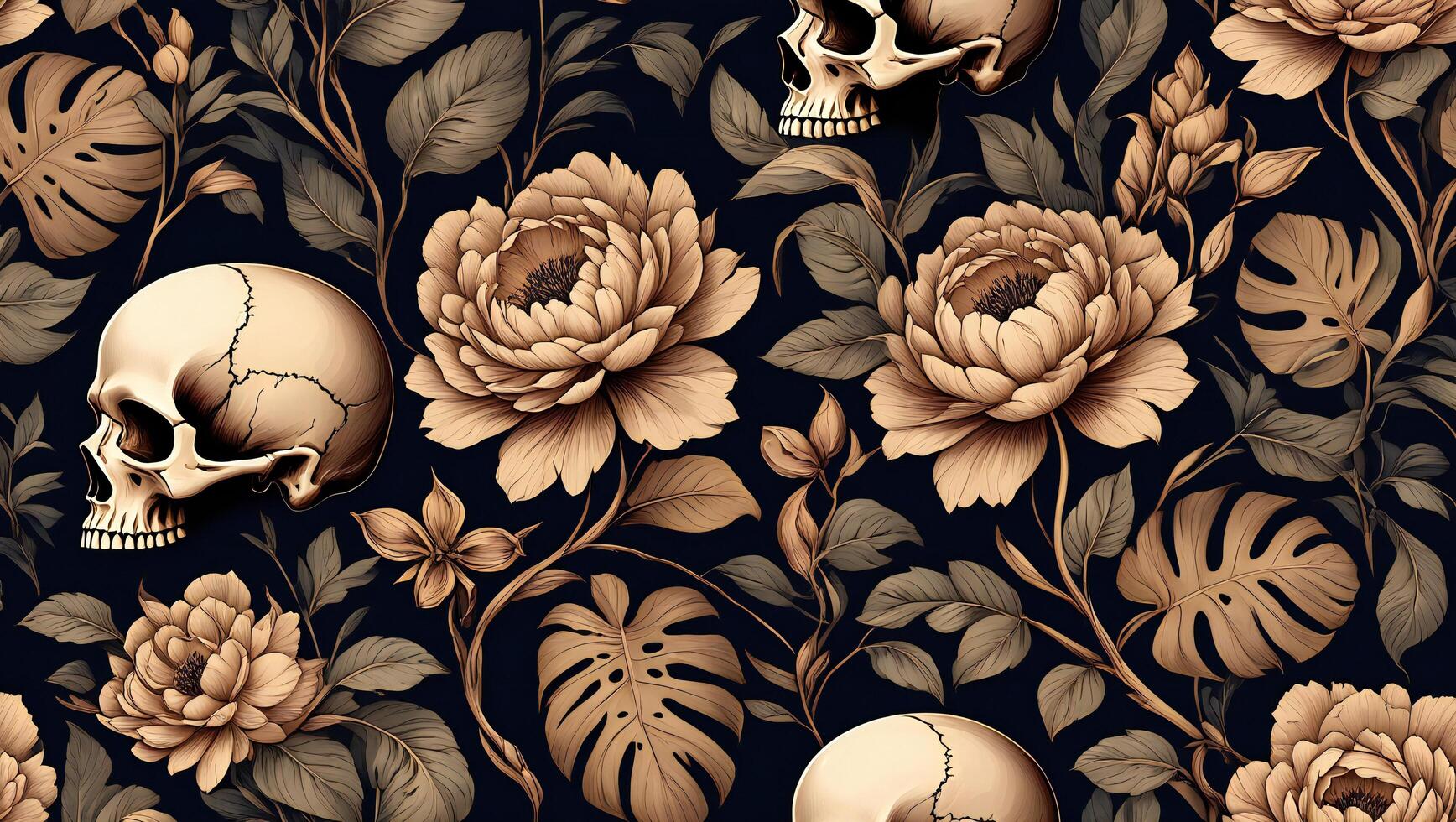 Halloween Background Elegant Seamless Pattern Skulls Peonies and Tropical Leaves in Sepia Tones photo