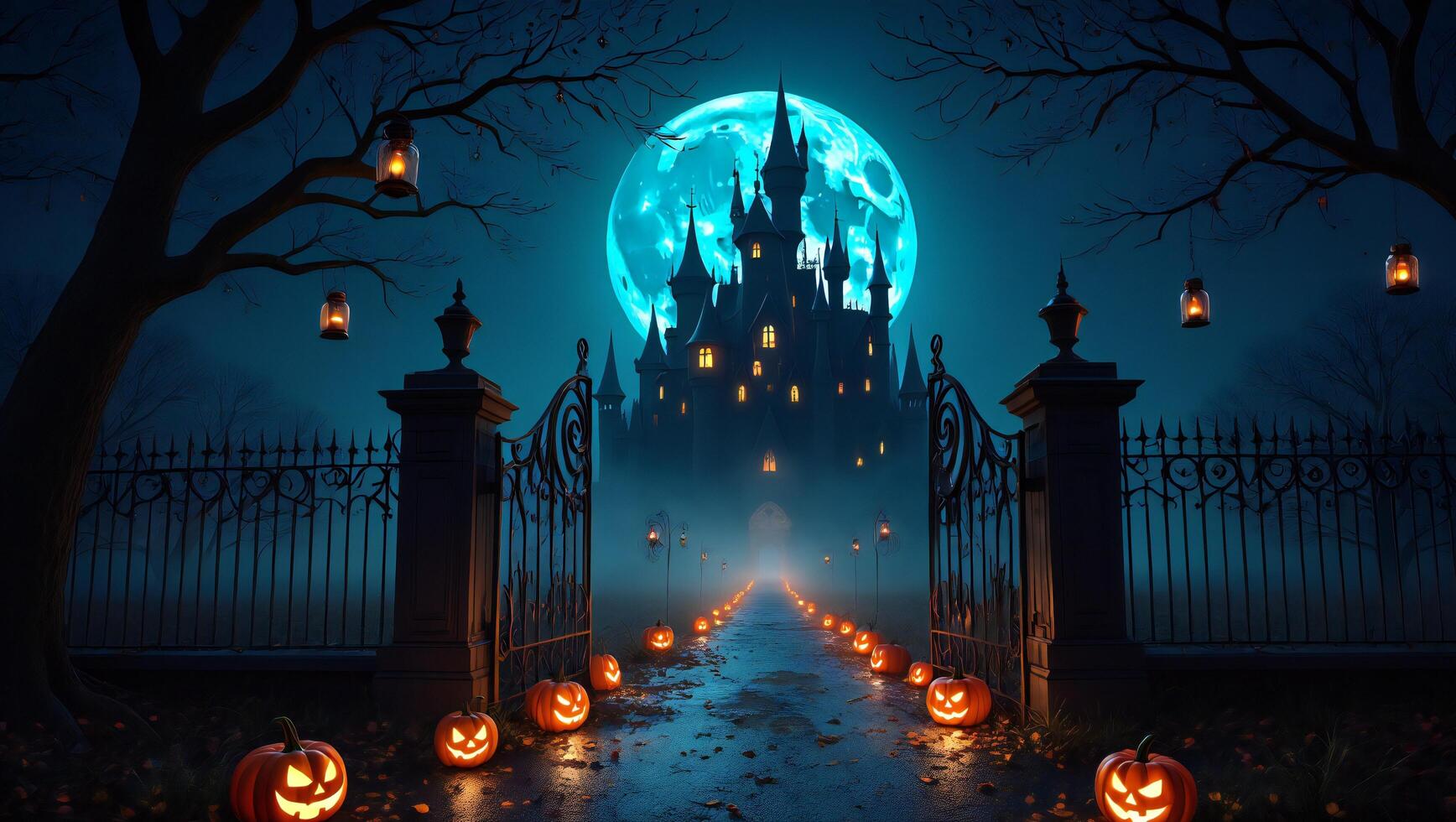 Halloween Background Spooky Halloween Night Scene Enchanting Castle Jack o lanterns and Moonlit Path photo