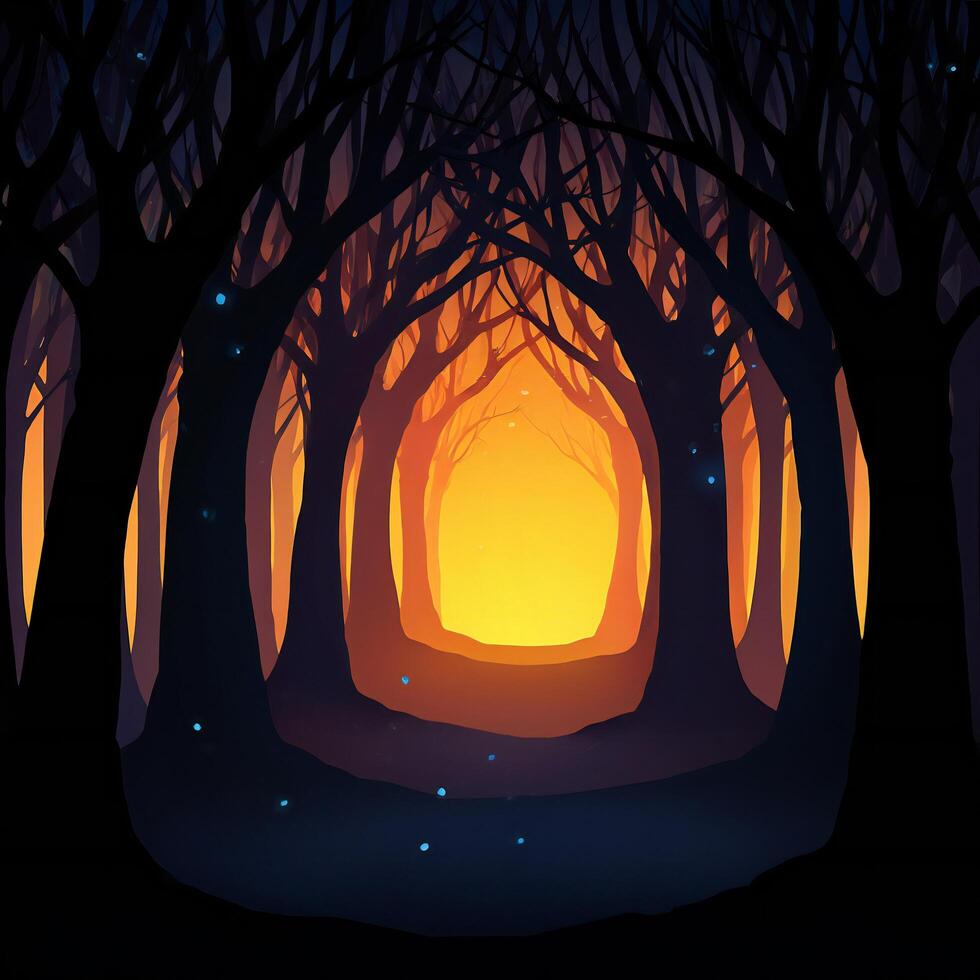 Halloween Background Enchanting Sunset Path Through Dark Silhouette Trees in Mystical Forest photo