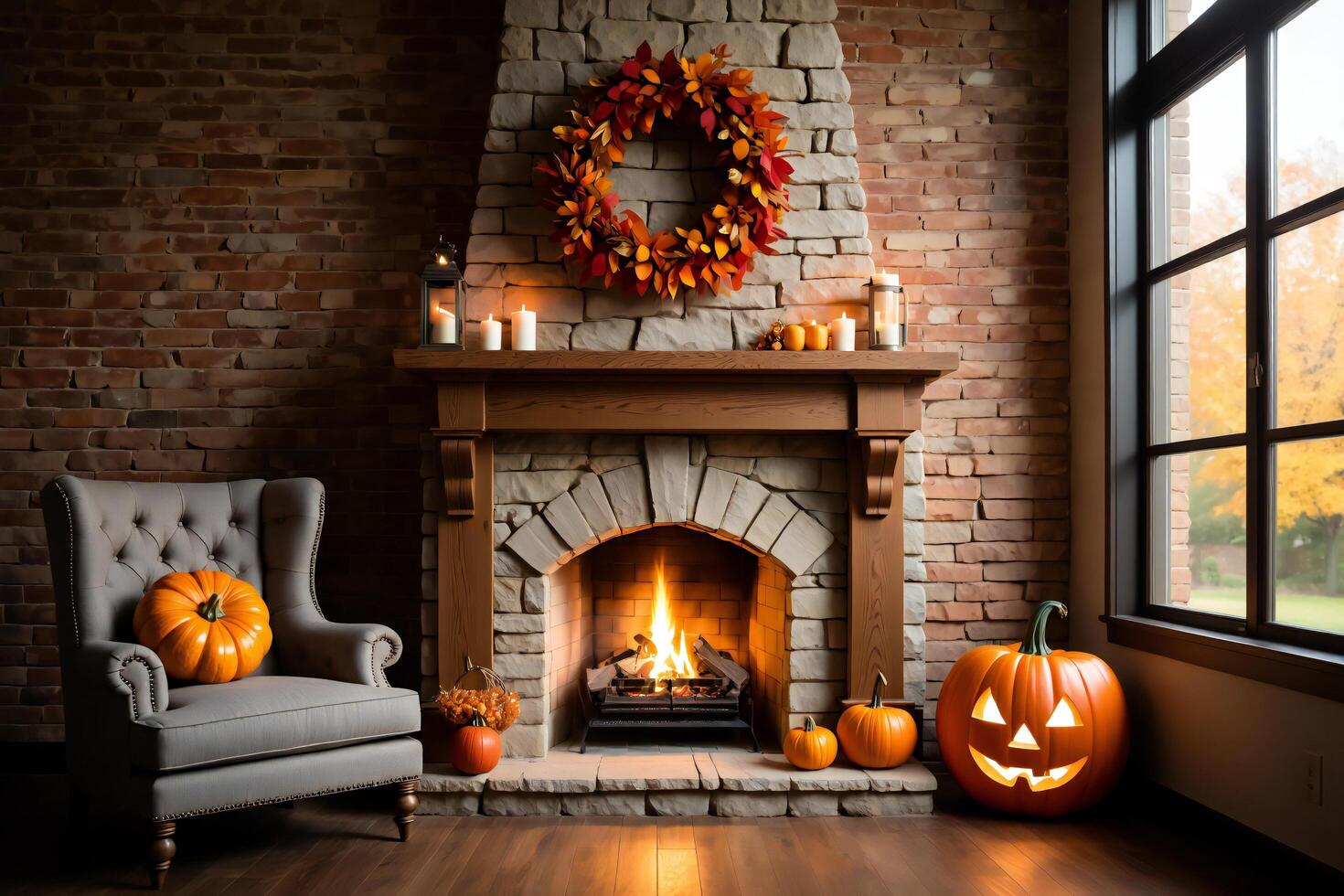 Halloween Background Cozy Autumn Fireplace Scene with Pumpkins Wreath and Candles photo