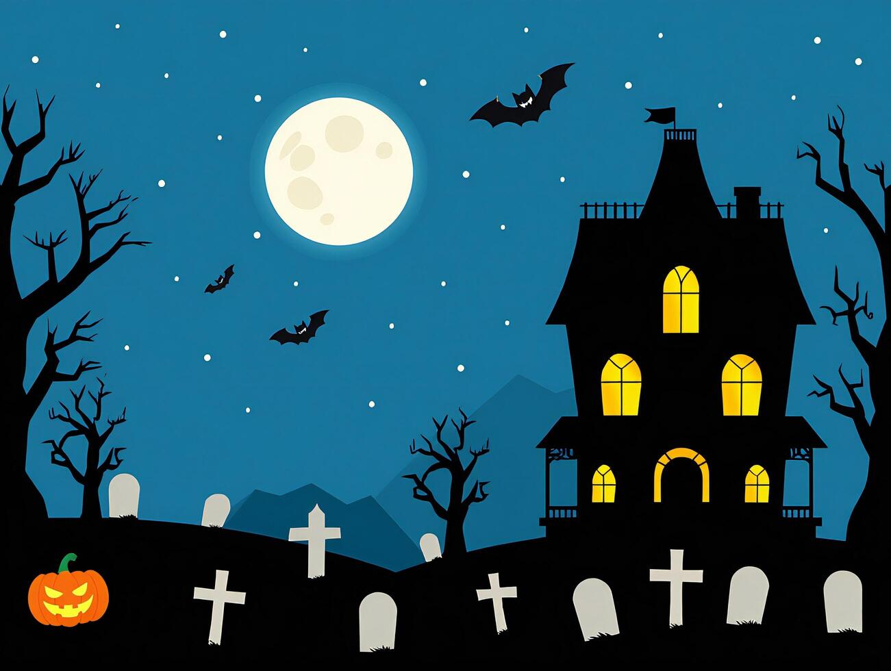 Halloween Background Spooky Halloween Night Scene Haunted House Graveyard Bats Full Moon Illustration photo