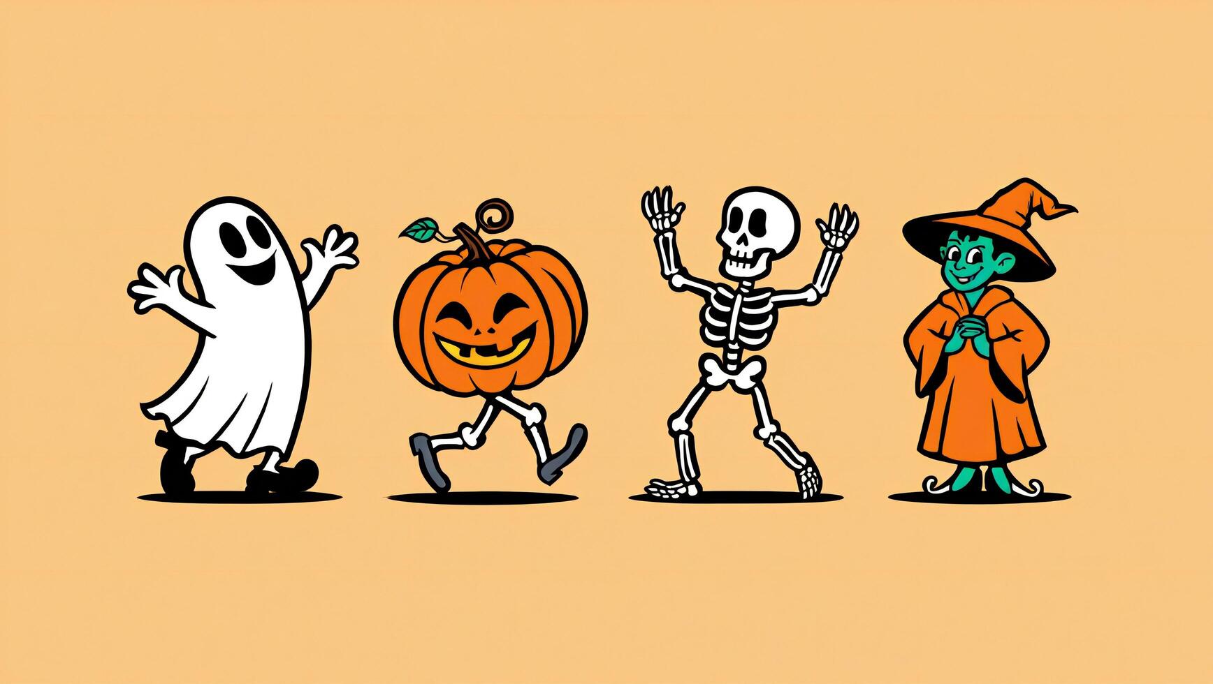 Halloween Background Fun Halloween Characters Ghost Pumpkin Skeleton and Witch in Retro Style Illustration photo