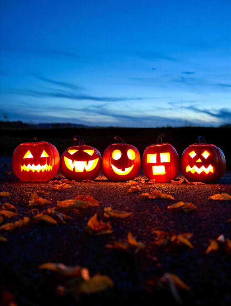 Halloween Background Illuminated Jack o lanterns on Ground at Dusk Halloween Night Scene photo