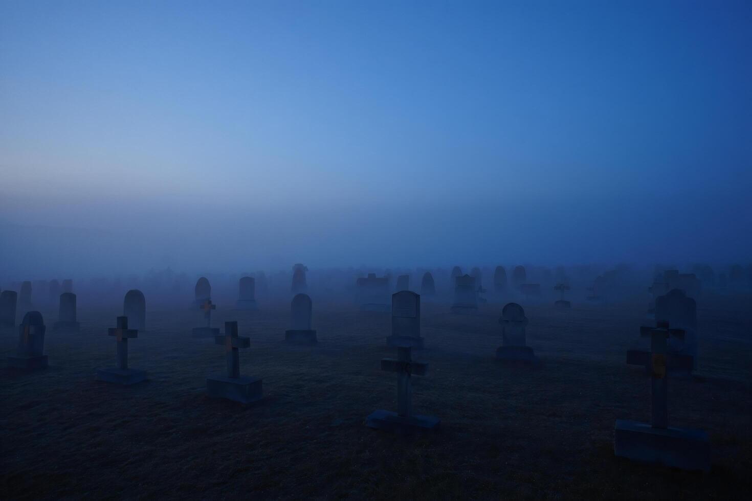 Halloween Background Mysterious Fog Shrouded Cemetery at Dawn Eerie Headstones and Crosses photo