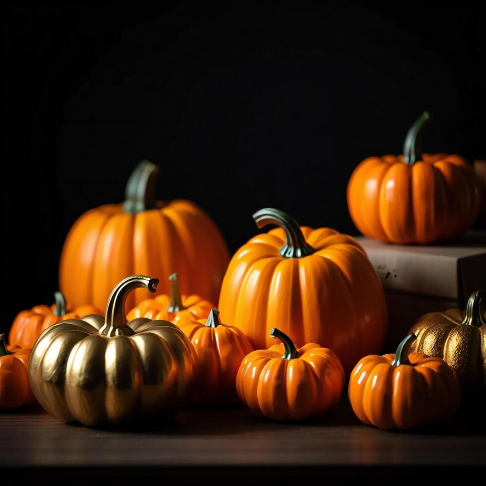 Halloween Background Autumn Harvest Golden and Orange Pumpkins on Dark Wooden Surface photo
