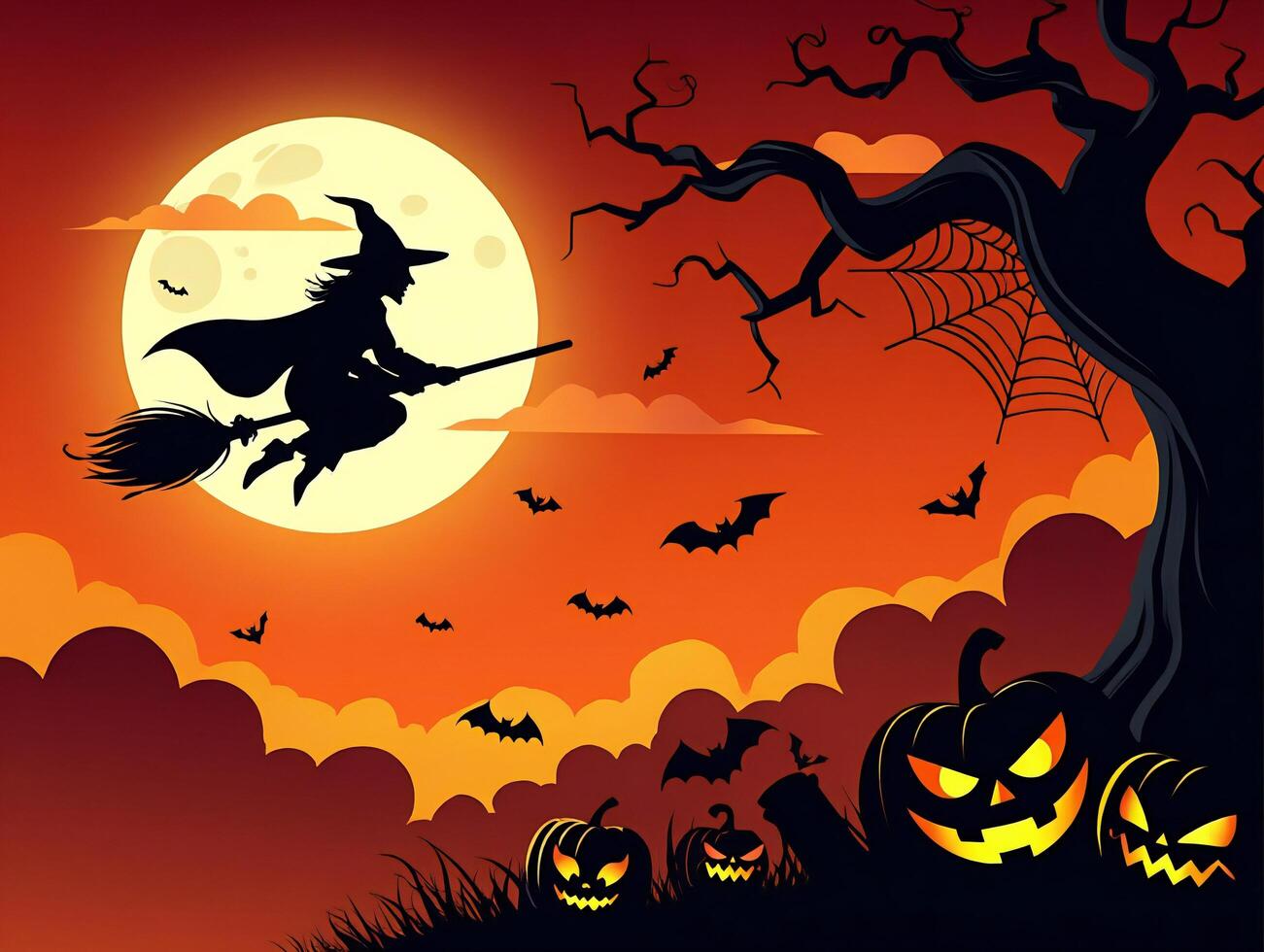 Halloween Background Silhouette Witch Flying on Broomstick Halloween Night Moonlit Sky Pumpkins Bats photo