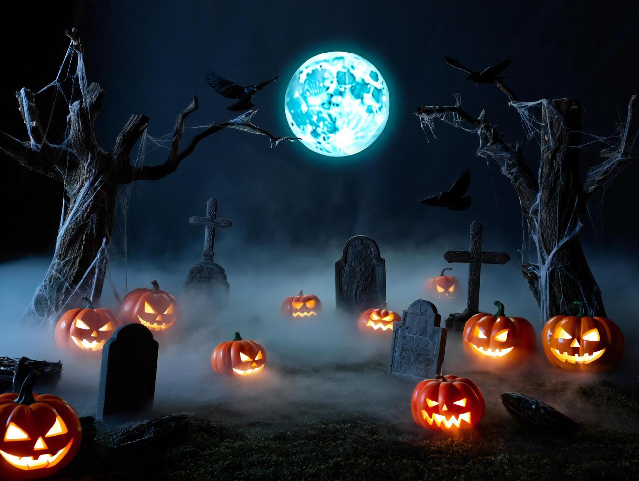 Halloween Background Spooky Halloween Cemetery Scene with Jack o lanterns Gravestones and Foggy Night photo
