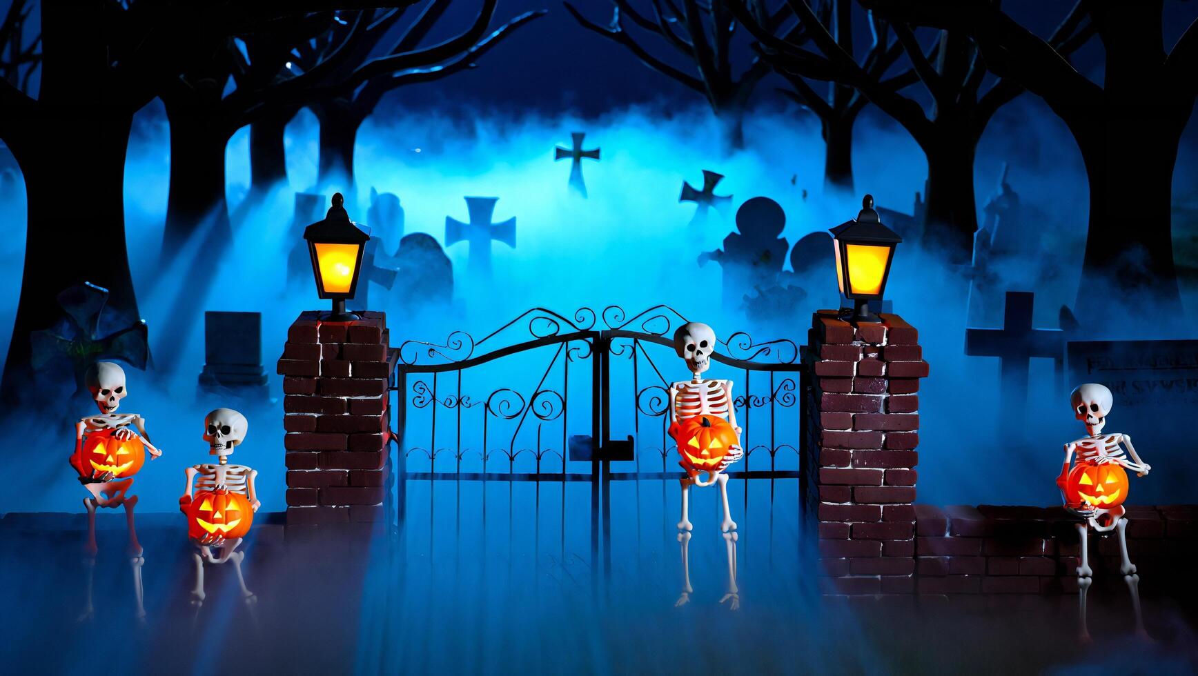 Halloween Background Spooky Halloween Cemetery Scene Skeletons with Jack o lanterns near Gate photo