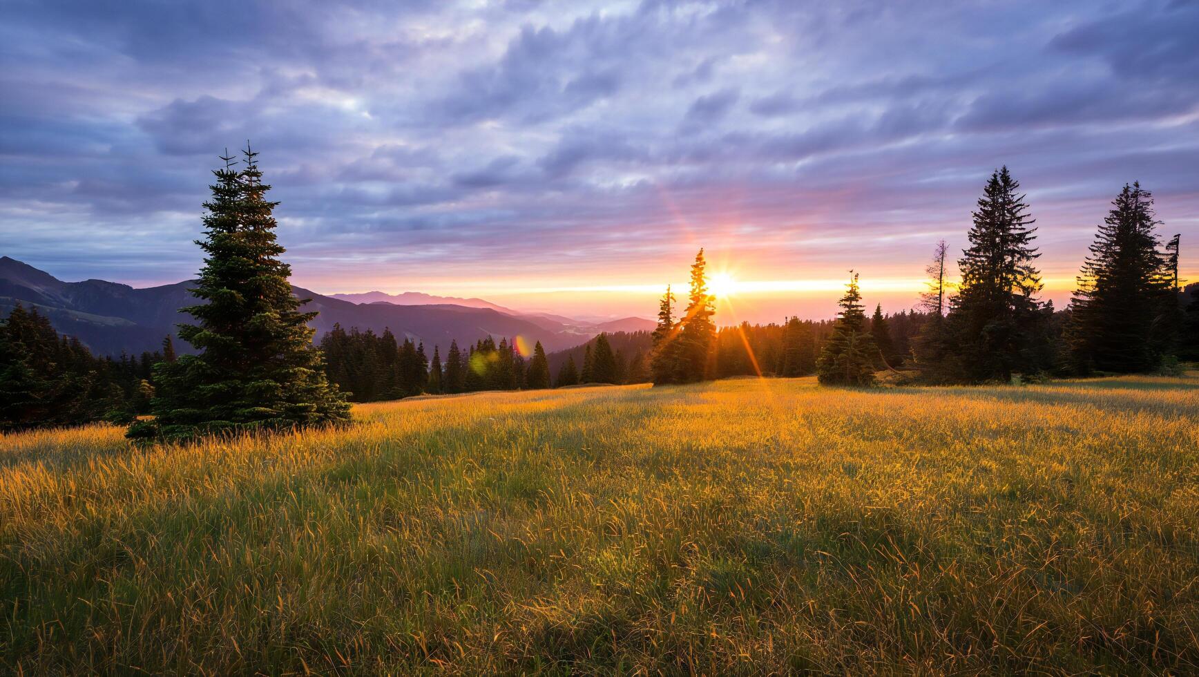 Nature Background Serene Sunset over Mountain Meadow Golden Grass Coniferous Trees photo