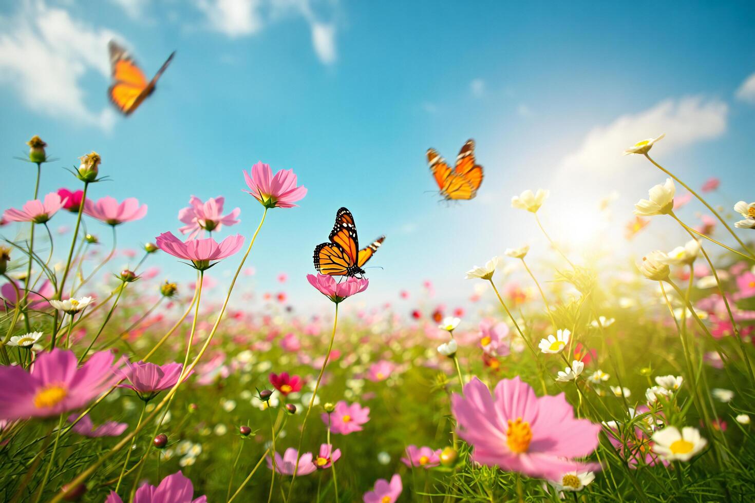 Nature Background Vibrant Spring Meadow with Monarch Butterflies and Cosmos Flowers in Sunlight photo