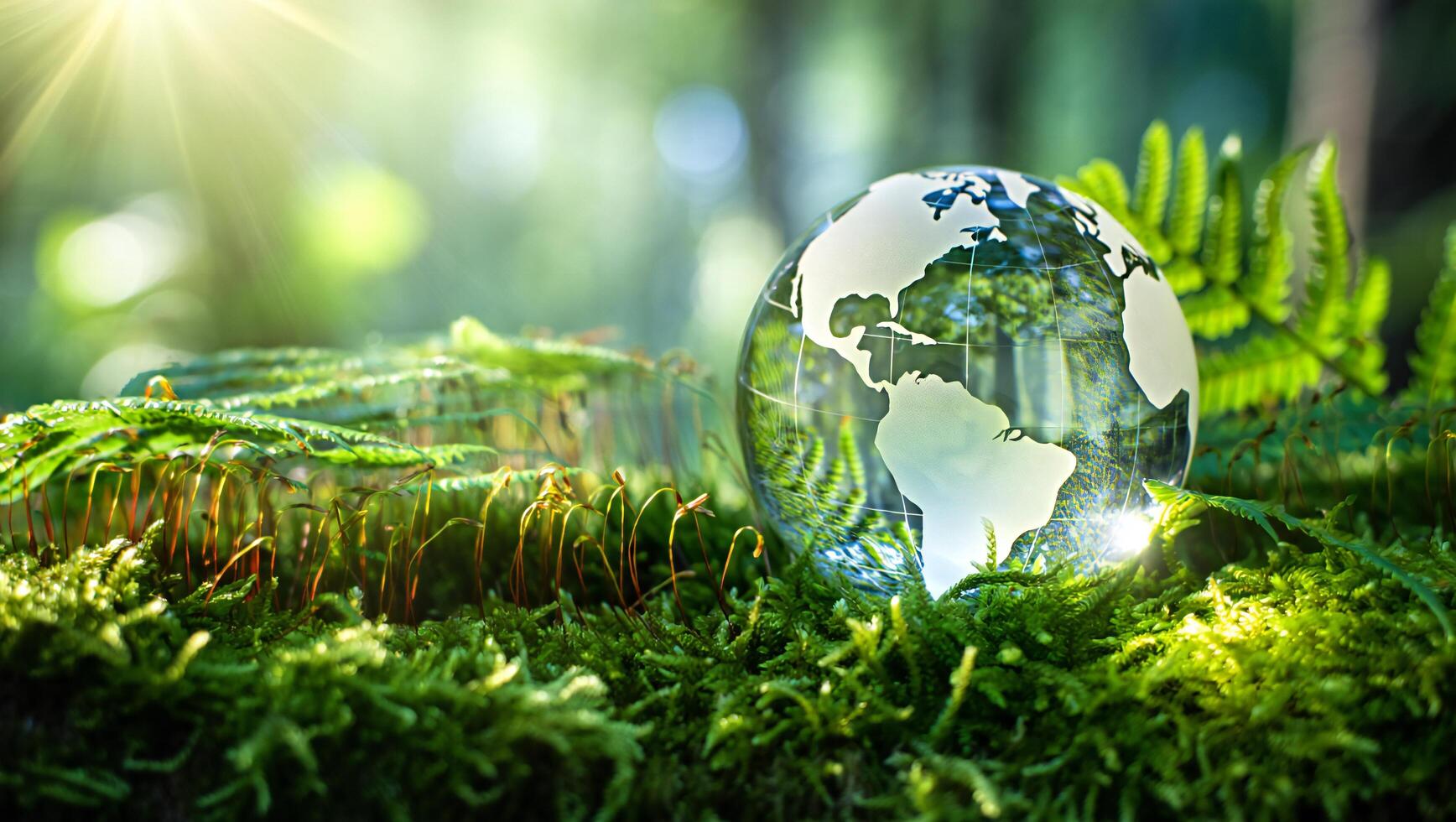 Nature Background Crystal Globe on Lush Green Moss Environmental Conservation Concept photo